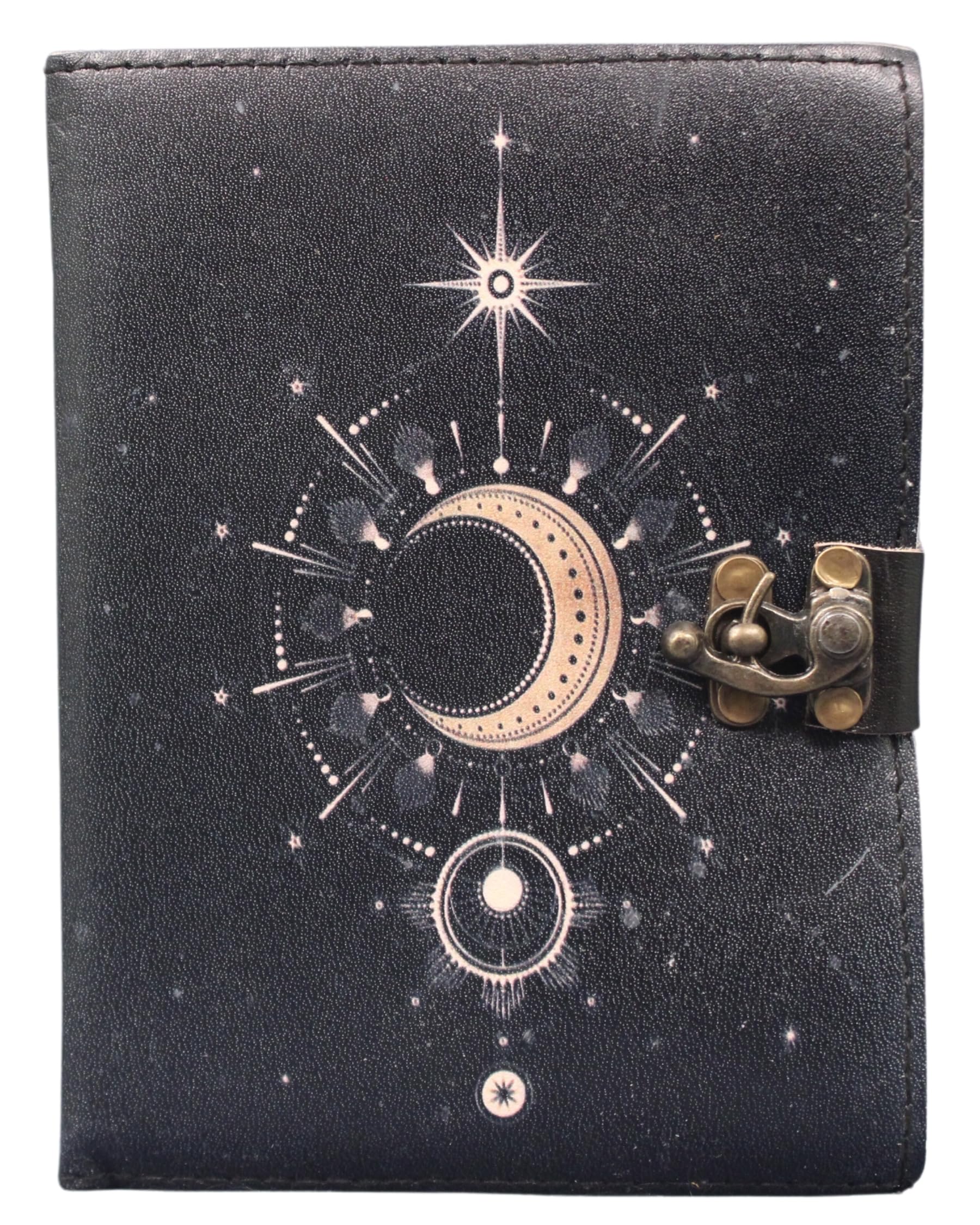 Celestial UV Print Genuine Leather Bound Grimoire Journal Black Cover Diary Book